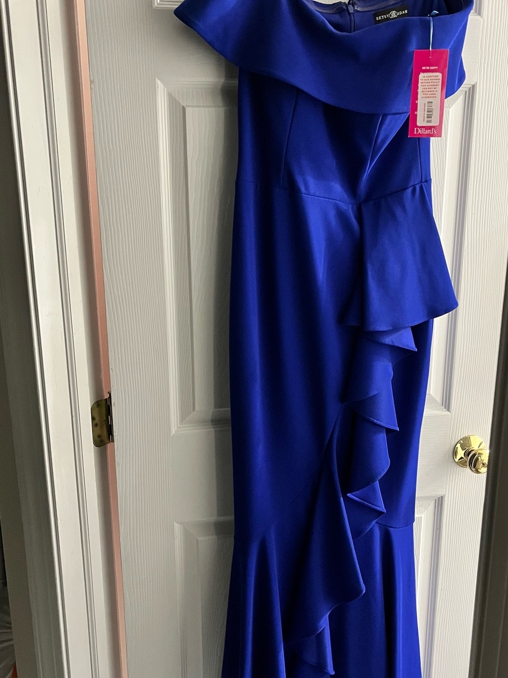 Betsy & Adam Royal Blue Off-the-Shoulder Ruffle Evening Gown